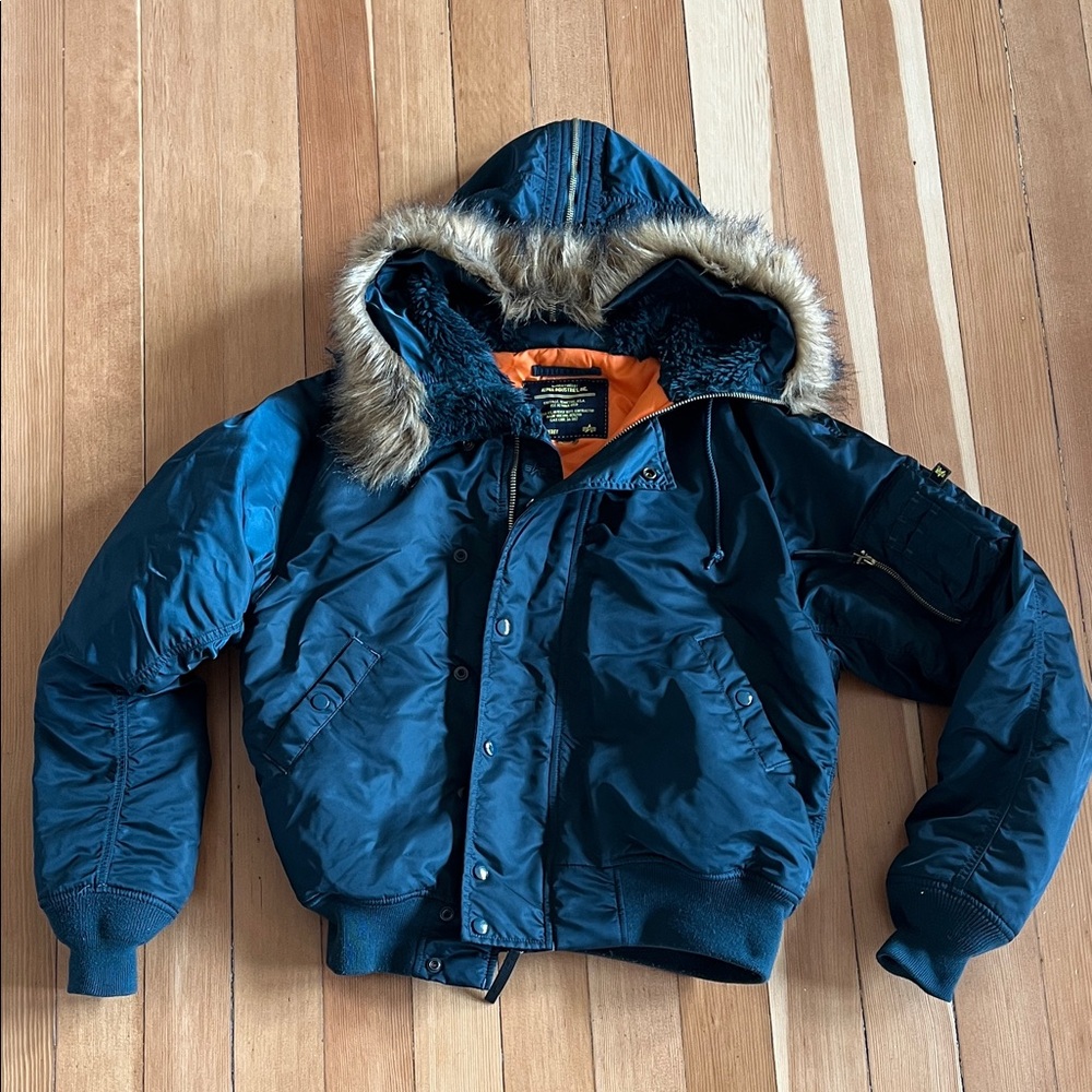 Alpha Industries Flying Man’s N-2B dark teal Fur-Trimmed Hooded Jacket